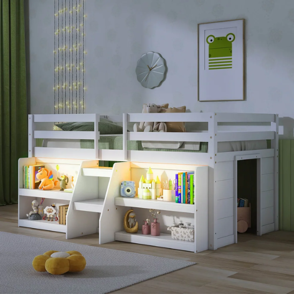 White twin low loft bed with LED lights, built-in bookshelf, under-bed storage, and stair access – ideal for kids or small bedrooms.