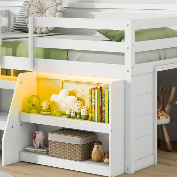 White twin low loft bed with LED lights, built-in bookshelf, under-bed storage, and stair access – ideal for kids or small bedrooms.