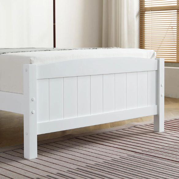 White twin platform bed frame with headboard, made of solid pine wood, featuring underbed storage and slatted base – minimalist design for kids, teens, or adults.

