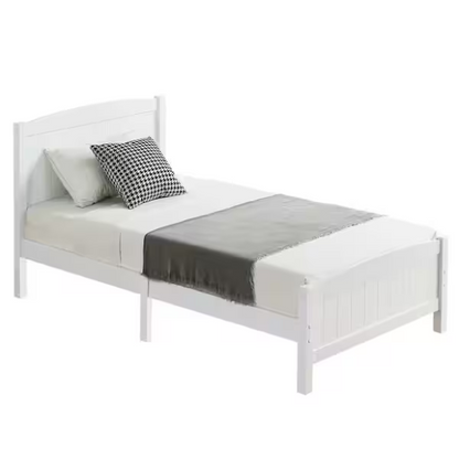 White twin platform bed frame with headboard, made of solid pine wood, featuring underbed storage and slatted base – minimalist design for kids, teens, or adults.

