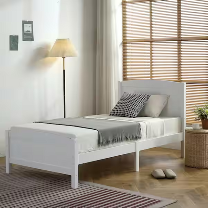 White twin platform bed frame with headboard, made of solid pine wood, featuring underbed storage and slatted base – minimalist design for kids, teens, or adults.

