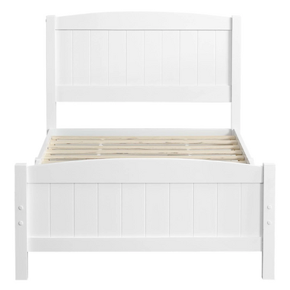 White twin platform bed frame with headboard, made of solid pine wood, featuring underbed storage and slatted base – minimalist design for kids, teens, or adults.

