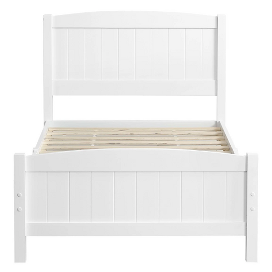 White twin platform bed frame with headboard, made of solid pine wood, featuring underbed storage and slatted base – minimalist design for kids, teens, or adults.

