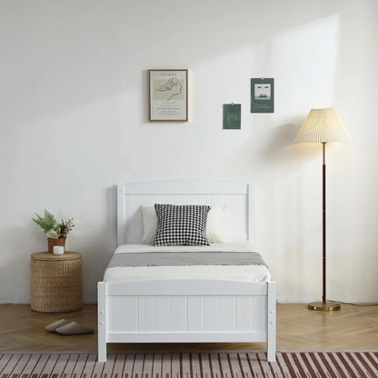 White twin platform bed frame with headboard, made of solid pine wood, featuring underbed storage and slatted base – minimalist design for kids, teens, or adults.

