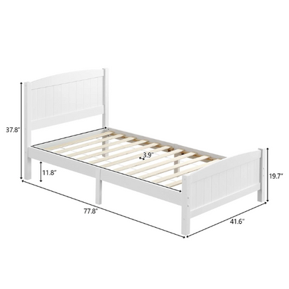 White twin platform bed frame with headboard, made of solid pine wood, featuring underbed storage and slatted base – minimalist design for kids, teens, or adults.

