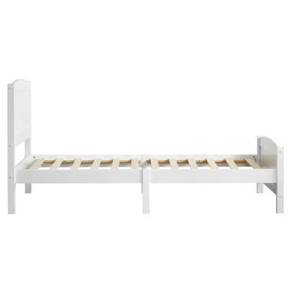 White twin platform bed frame with headboard, made of solid pine wood, featuring underbed storage and slatted base – minimalist design for kids, teens, or adults.

