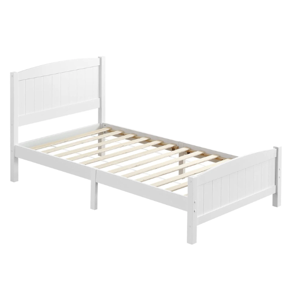 White twin platform bed frame with headboard, made of solid pine wood, featuring underbed storage and slatted base – minimalist design for kids, teens, or adults.

