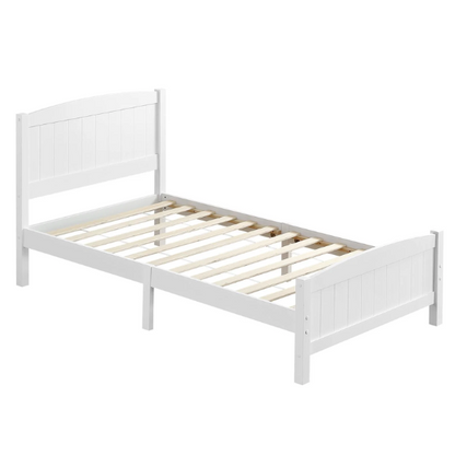 White twin platform bed frame with headboard, made of solid pine wood, featuring underbed storage and slatted base – minimalist design for kids, teens, or adults.

