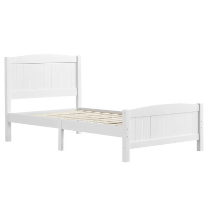 White twin platform bed frame with headboard, made of solid pine wood, featuring underbed storage and slatted base – minimalist design for kids, teens, or adults.

