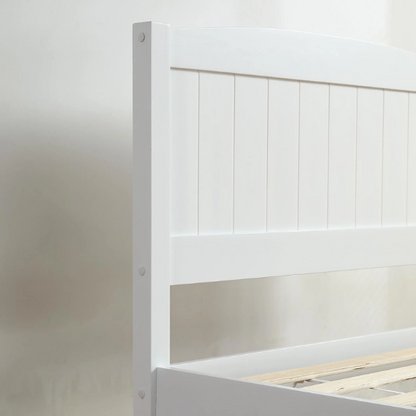 White twin platform bed frame with headboard, made of solid pine wood, featuring underbed storage and slatted base – minimalist design for kids, teens, or adults.

