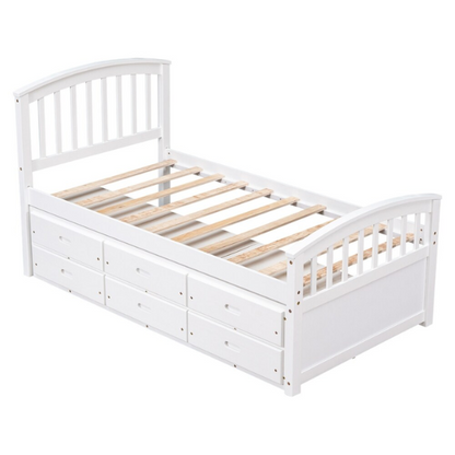 Solid white twin bed frame made from pine wood with underbed storage drawers and a non-toxic finish, designed for children or teens in a modern or rustic bedroom.

