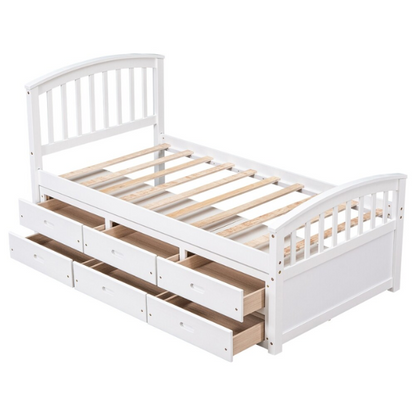 Solid white twin bed frame made from pine wood with underbed storage drawers and a non-toxic finish, designed for children or teens in a modern or rustic bedroom.


