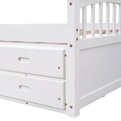 Solid white twin bed frame made from pine wood with underbed storage drawers and a non-toxic finish, designed for children or teens in a modern or rustic bedroom.

