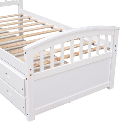 Solid white twin bed frame made from pine wood with underbed storage drawers and a non-toxic finish, designed for children or teens in a modern or rustic bedroom.

