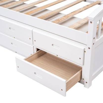 Solid white twin bed frame made from pine wood with underbed storage drawers and a non-toxic finish, designed for children or teens in a modern or rustic bedroom.

