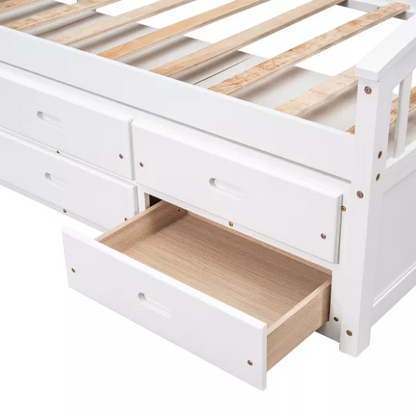 Solid white twin bed frame made from pine wood with underbed storage drawers and a non-toxic finish, designed for children or teens in a modern or rustic bedroom.


