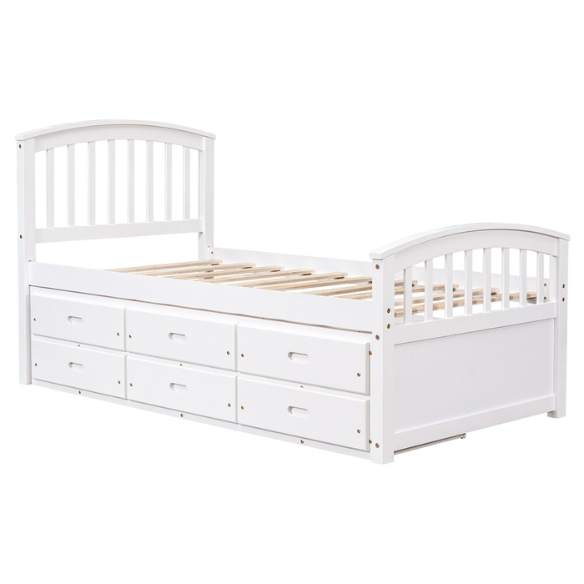 Solid white twin bed frame made from pine wood with underbed storage drawers and a non-toxic finish, designed for children or teens in a modern or rustic bedroom.

