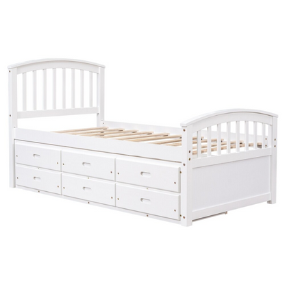 Solid white twin bed frame made from pine wood with underbed storage drawers and a non-toxic finish, designed for children or teens in a modern or rustic bedroom.

