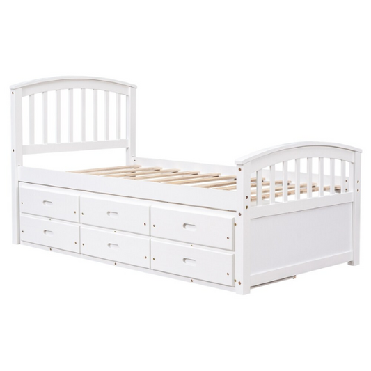 Solid white twin bed frame made from pine wood with underbed storage drawers and a non-toxic finish, designed for children or teens in a modern or rustic bedroom.

