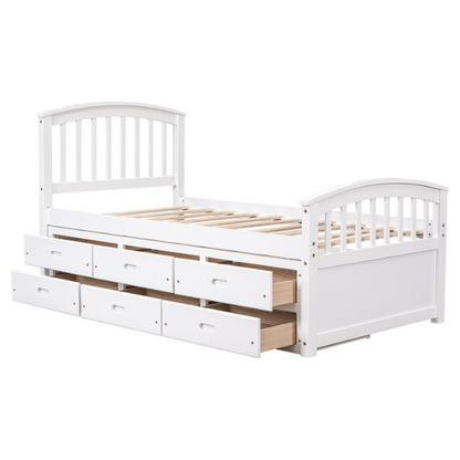 Solid white twin bed frame made from pine wood with underbed storage drawers and a non-toxic finish, designed for children or teens in a modern or rustic bedroom.

