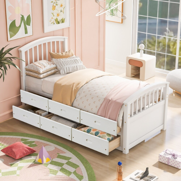 Solid white twin bed frame made from pine wood with underbed storage drawers and a non-toxic finish, designed for children or teens in a modern or rustic bedroom.

