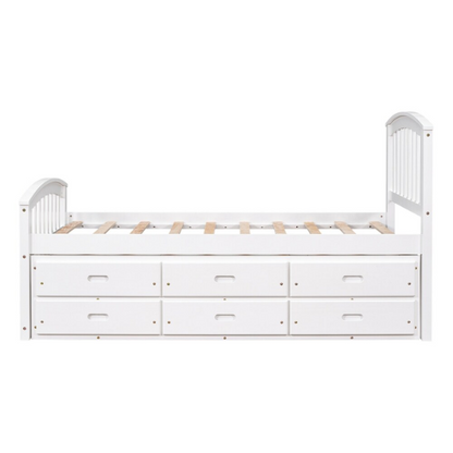 Solid white twin bed frame made from pine wood with underbed storage drawers and a non-toxic finish, designed for children or teens in a modern or rustic bedroom.

