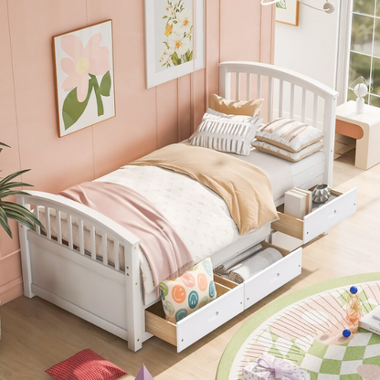 Solid white twin bed frame made from pine wood with underbed storage drawers and a non-toxic finish, designed for children or teens in a modern or rustic bedroom.

