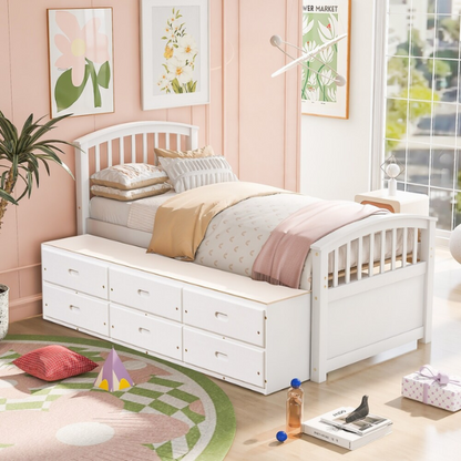 Solid white twin bed frame made from pine wood with underbed storage drawers and a non-toxic finish, designed for children or teens in a modern or rustic bedroom.

