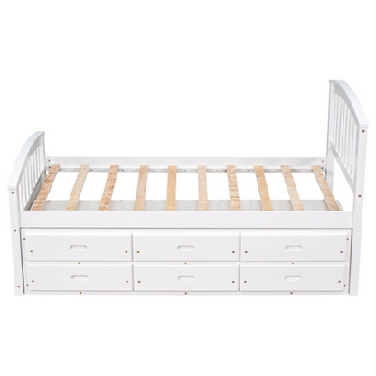 Solid white twin bed frame made from pine wood with underbed storage drawers and a non-toxic finish, designed for children or teens in a modern or rustic bedroom.

