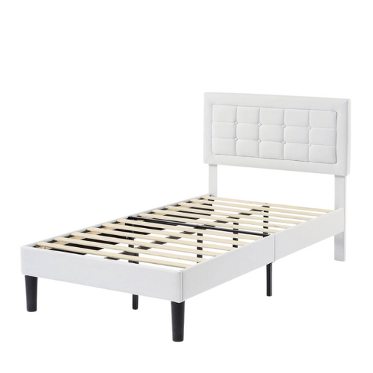 White twin-size upholstered platform bed with button-tufted adjustable headboard, wooden slats, steel center support, and underbed storage clearance.

