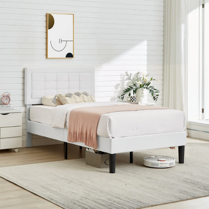 White twin-size upholstered platform bed with button-tufted adjustable headboard, wooden slats, steel center support, and underbed storage clearance.

