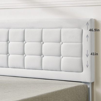 White twin-size upholstered platform bed with button-tufted adjustable headboard, wooden slats, steel center support, and underbed storage clearance.

