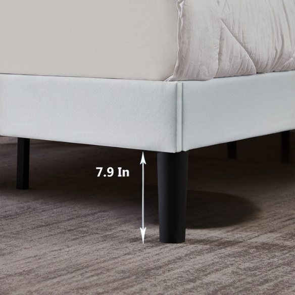 White twin-size upholstered platform bed with button-tufted adjustable headboard, wooden slats, steel center support, and underbed storage clearance.

