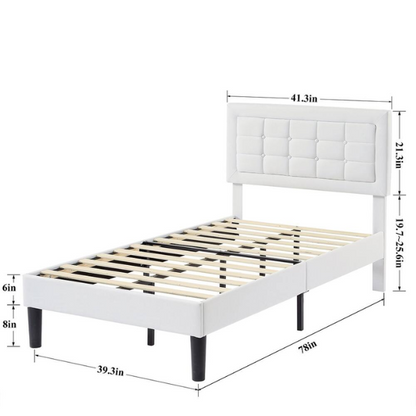 White twin-size upholstered platform bed with button-tufted adjustable headboard, wooden slats, steel center support, and underbed storage clearance.

