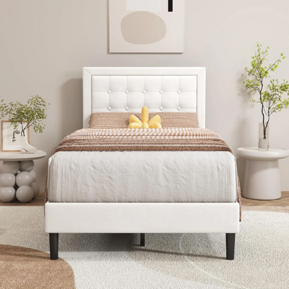 White twin-size upholstered platform bed with button-tufted adjustable headboard, wooden slats, steel center support, and underbed storage clearance.

