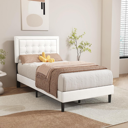 White twin-size upholstered platform bed with button-tufted adjustable headboard, wooden slats, steel center support, and underbed storage clearance.

