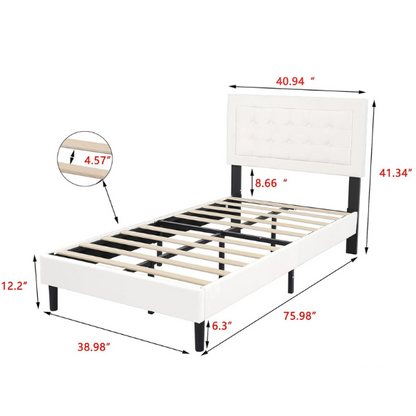 White twin-size upholstered platform bed with button-tufted adjustable headboard, wooden slats, steel center support, and underbed storage clearance.

