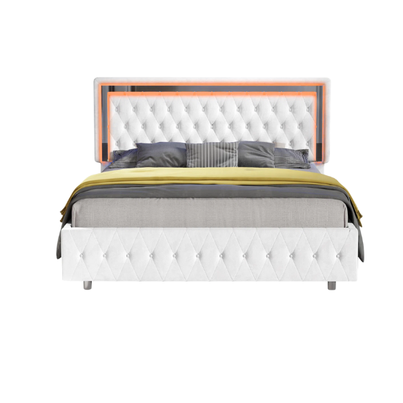 White velvet full size upholstered platform bed with LED lighted button tufted headboard and center support legs


