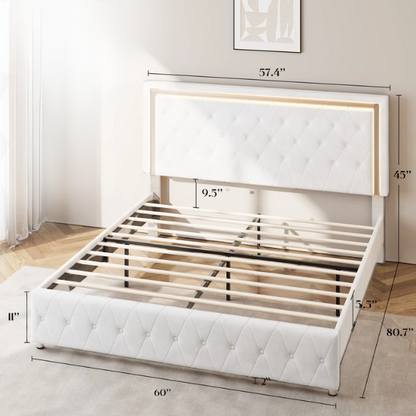 White velvet full size upholstered platform bed with LED lighted button tufted headboard and center support legs

