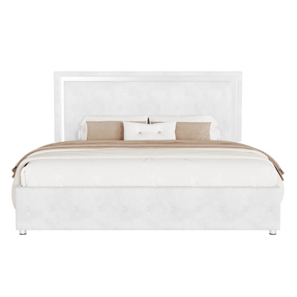 White velvet full size upholstered platform bed with LED lighted button tufted headboard and center support legs


