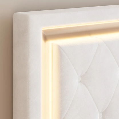 White velvet full size upholstered platform bed with LED lighted button tufted headboard and center support legs

