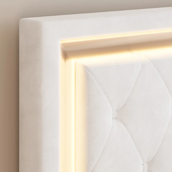 White velvet full size upholstered platform bed with LED lighted button tufted headboard and center support legs

