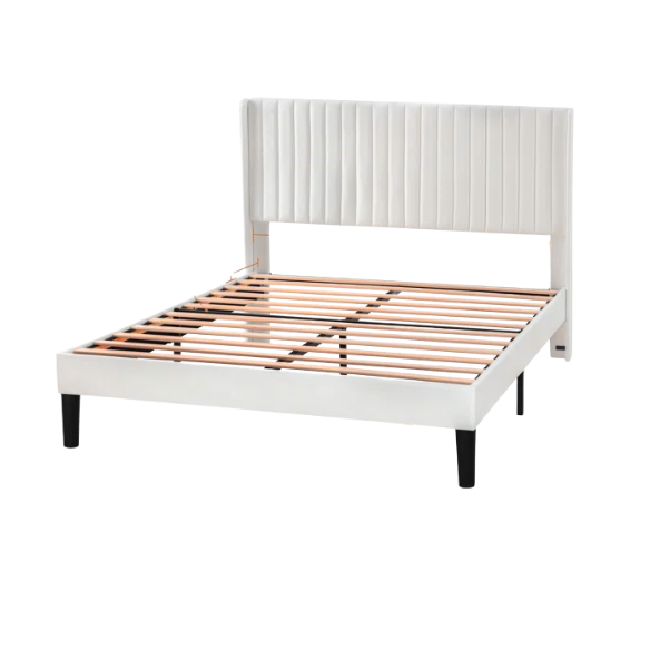White full-size velvet upholstered platform bed with tufted wingback headboard and wood slats