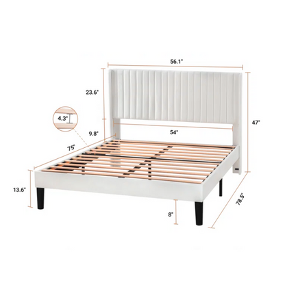 White full-size velvet upholstered platform bed with tufted wingback headboard and wood slats