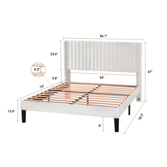 White full-size velvet upholstered platform bed with tufted wingback headboard and wood slats