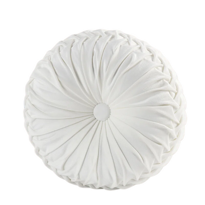 Set of 2 white pleated velvet round throw pillows with button tufted center – 14.5 inch pumpkin-style decorative cushions for sofa, bed, or cozy nook

