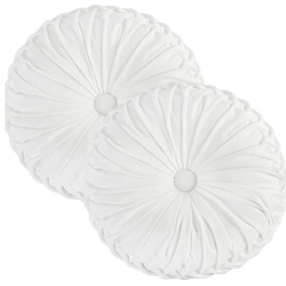 Set of 2 white pleated velvet round throw pillows with button tufted center – 14.5 inch pumpkin-style decorative cushions for sofa, bed, or cozy nook


