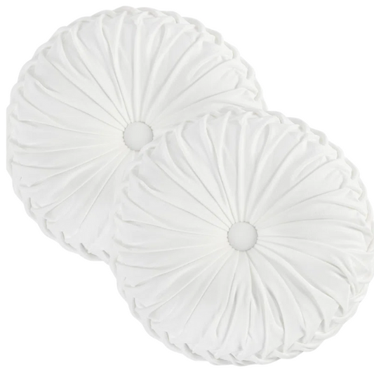 Set of 2 white pleated velvet round throw pillows with button tufted center – 14.5 inch pumpkin-style decorative cushions for sofa, bed, or cozy nook

