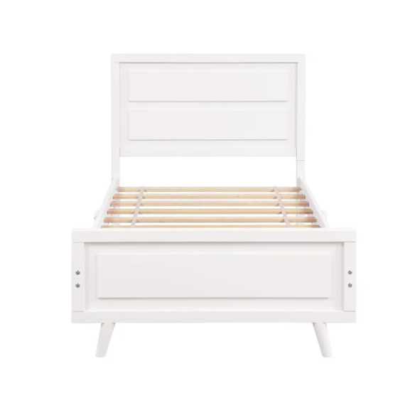 White twin-size wooden sleigh bed frame with headboard, modern painted finish, and underbed storage – ideal for kids’ rooms, guest spaces, or dorms
