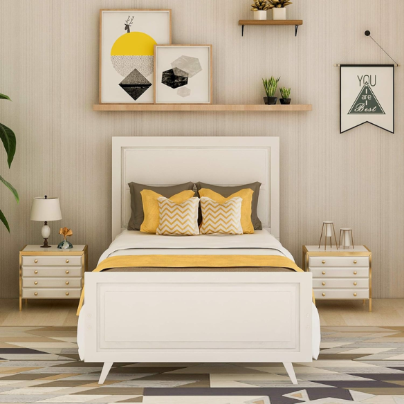 White twin-size wooden sleigh bed frame with headboard, modern painted finish, and underbed storage – ideal for kids’ rooms, guest spaces, or dorms


